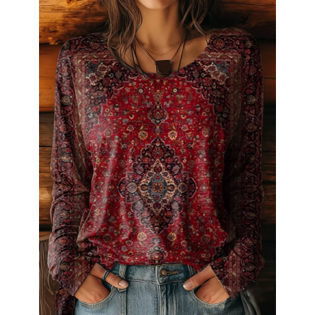 Women Ethnic Long Sleeve Tee T-shirt Crew Neck Printing Casual Spring/Fall Graphic Tee Top