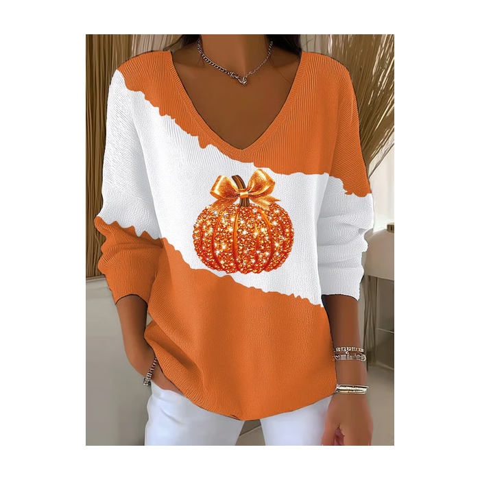 Women Halloween (pumpkin) Long Sleeve Tee T-shirt V Neck Printing Casual Spring/Fall Top