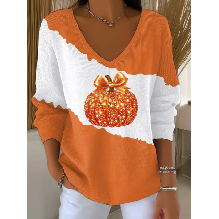 Women Halloween (pumpkin) Long Sleeve Tee T-shirt V Neck Printing Casual Spring/Fall Top