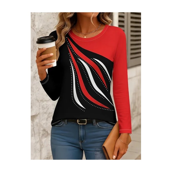 Women Abstract Long Sleeve Tee T-shirt Crew Neck Printing Casual Spring/Fall Graphic Tee Top