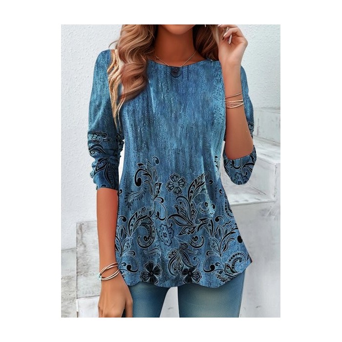 Women's Long Sleeve Tee T-shirt Spring/Fall Floral Printing Jersey Crew Neck Daily Going Out Vintage Top