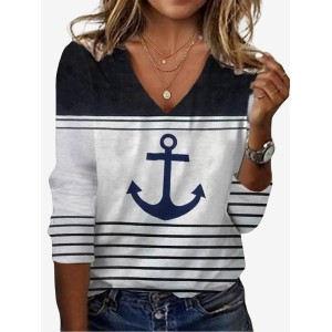 Women's Long Sleeve Tee T-shirt Spring/Fall Anchor Jersey V Neck Daily Going Out Casual Top