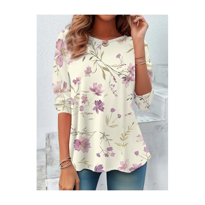 Women's Long Sleeve Tee T-shirt Spring/Fall Floral Jersey Crew Neck Daily Going Out Casual Top
