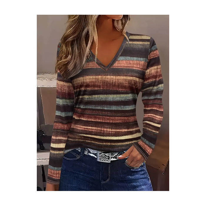 Women's Long Sleeve Tee T-shirt Spring/Fall Striped Printing V Neck Casual Graphic Tee Top