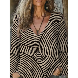 Women's Long Sleeve Tee T-shirt Spring/Fall Striped Printing V Neck Casual Graphic Tee Top