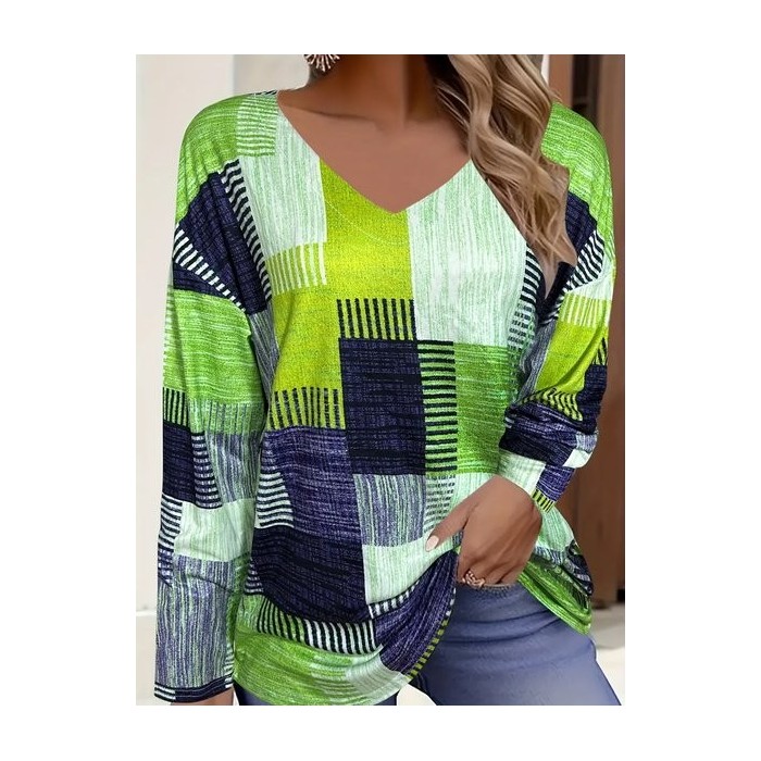 Women's Long Sleeve Tee T-shirt Spring/Fall Multicolor Block Printing V Neck Casual Graphic Tee Top