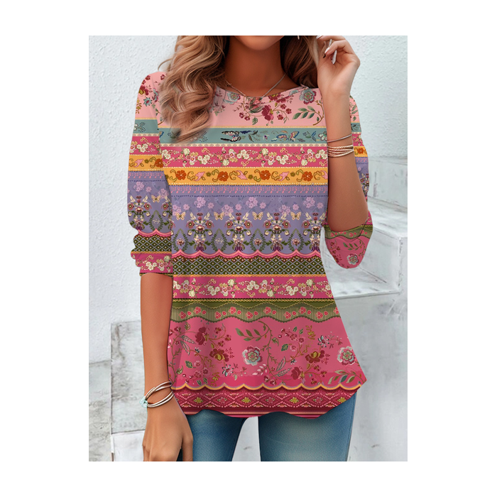 Women's Long Sleeve Tee T-shirt Spring/Fall Floral Printing Crew Neck Casual Graphic Tee Top