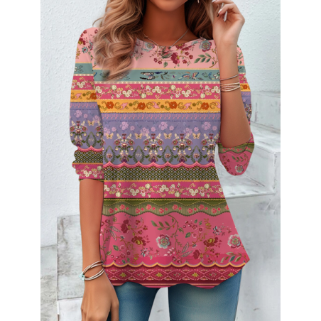 Women's Long Sleeve Tee T-shirt Spring/Fall Floral Printing Crew Neck Casual Graphic Tee Top