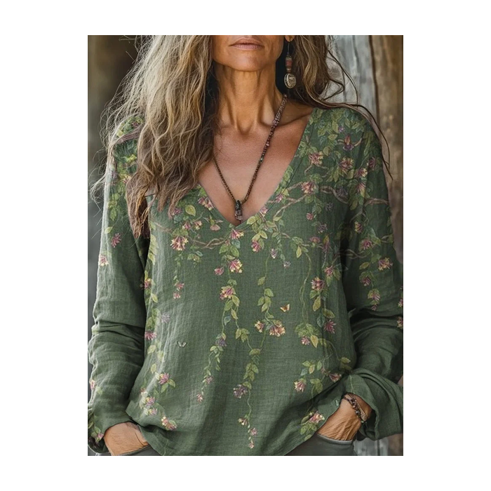 Women's Long Sleeve Tee T-shirt Spring/Fall Floral Printing V Neck Casual Graphic Tee Top