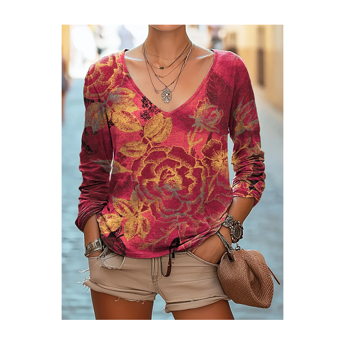 Women's Long Sleeve Tee T-shirt Spring/Fall Floral Printing V Neck Casual Graphic Tee Top