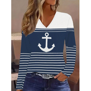 Women's Long Sleeve Tee T-shirt Spring/Fall Striped Printing V Neck Casual Graphic Tee Top