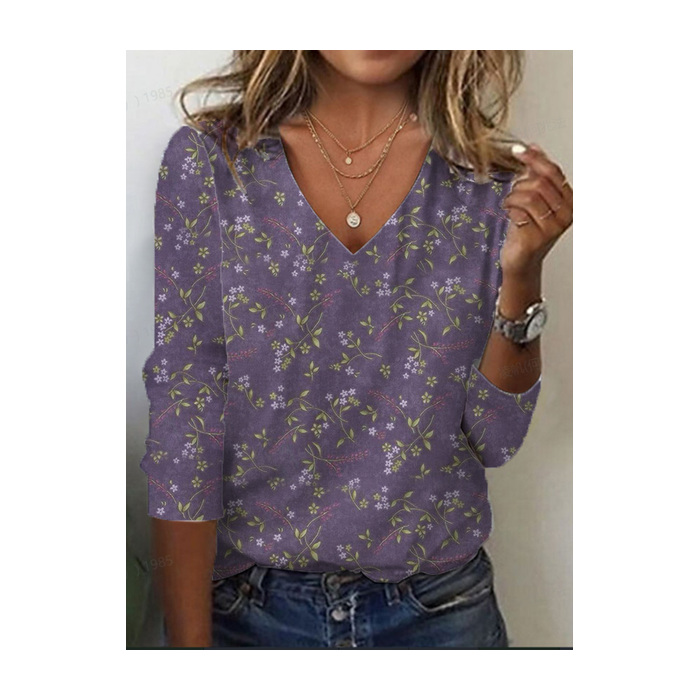 Women's Floral Long Sleeve Tee T-shirt V Neck Printing Casual Spring/Fall Graphic Tee Top