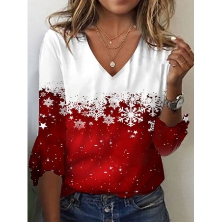 Women's Three Quarter Sleeve Tee T-shirt Spring/Fall Snowflake Printing Jersey V Neck Holiday Going Out Vintage Top