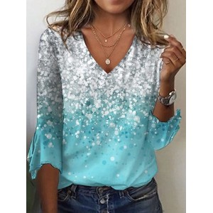 Women's Three Quarter Sleeve Tee T-shirt Spring/Fall Ombre Printing Jersey V Neck Holiday Going Out Vintage Top