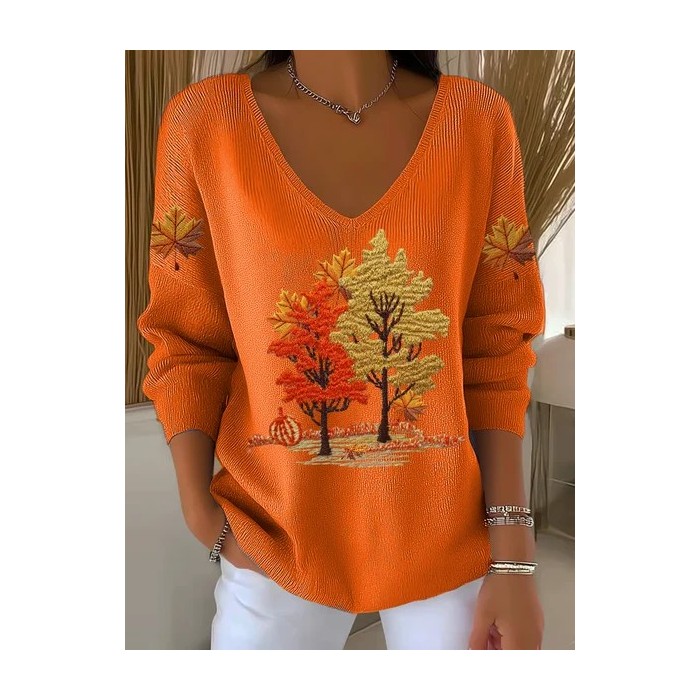 Women Maple Leaf Long Sleeve Tee T-shirt V Neck Printing Casual Spring/Fall Top