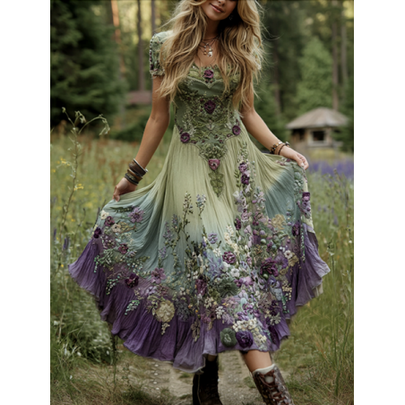 Women Floral Short Sleeve Summer Dress V Neck Daily Casual Maxi A-Line Dress