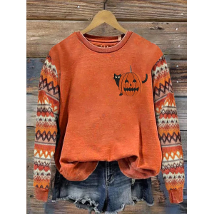 Women's Crew Neck Halloween (pumpkin) Printing Vintage Spring/Fall Long Sleeve Sweatshirt