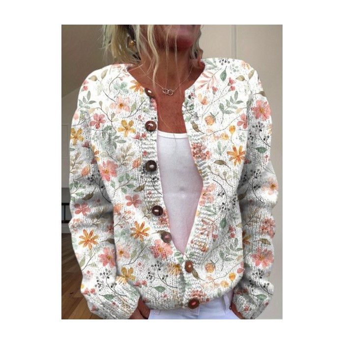 Women 3D Printing Vintage Spring/Fall Knitted Cardigan
