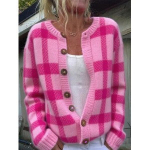 Women Plaid Casual Spring/Fall Printing Cardigan