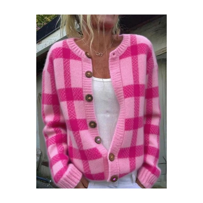 Women Plaid Casual Spring/Fall Printing Cardigan