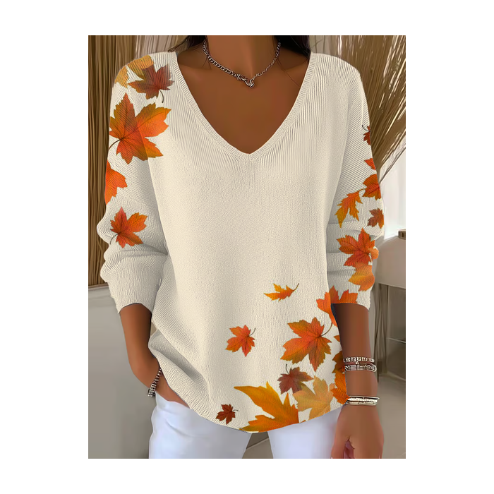 Women Maple Leaf Long Sleeve Tee T-shirt V Neck Printing Casual Spring/Fall Top