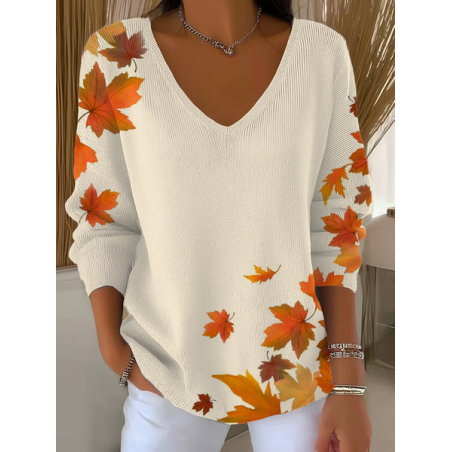 Women Maple Leaf Long Sleeve Tee T-shirt V Neck Printing Casual Spring/Fall Top
