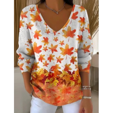 Women Maple Leaf Long Sleeve Tee T-shirt V Neck Printing Casual Spring/Fall Top