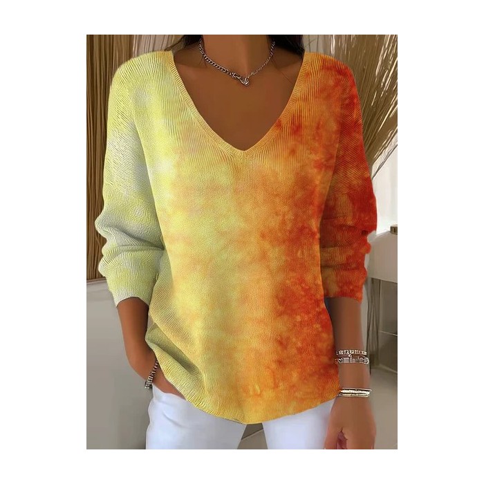 Women Ombre Long Sleeve Tee T-shirt V Neck Printing Casual Spring/Fall Top