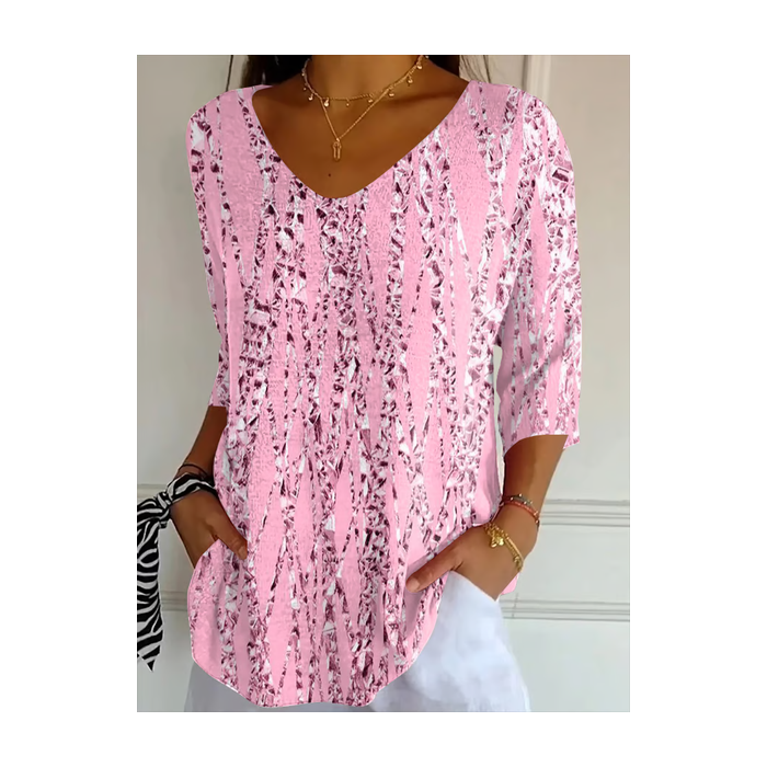 Women Abstract Three Quarter Sleeve Tee T-shirt V Neck Printing Casual Spring/Fall Graphic Tee Top