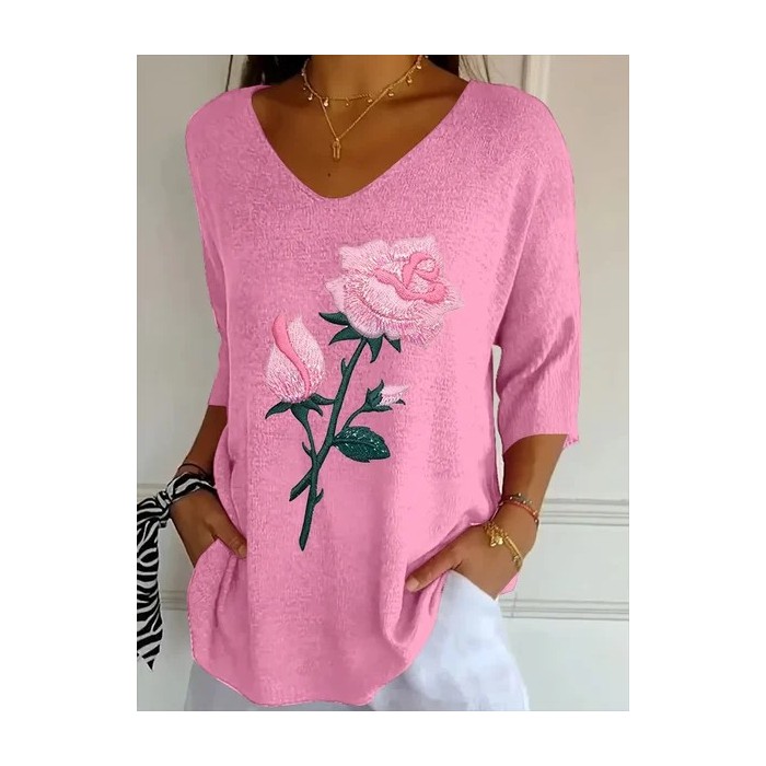 Women Floral Three Quarter Sleeve Tee T-shirt V Neck Printing Casual Spring/Fall Graphic Tee Top