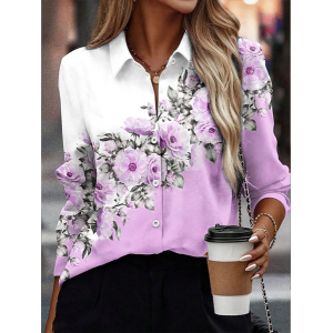 Women Floral Long Sleeve Shirt Spring/Fall Buckle Shirt Collar Regular Sleeve Daily Casual Top
