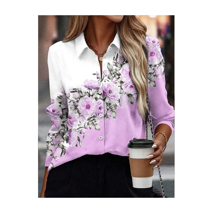 Women Floral Long Sleeve Shirt Spring/Fall Buckle Shirt Collar Regular Sleeve Daily Casual Top