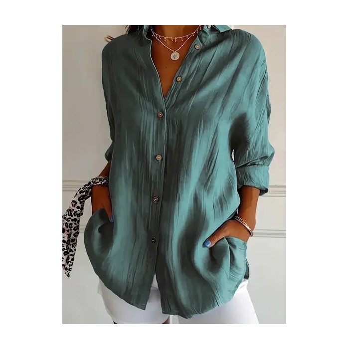 Women Plain Long Sleeve Shirt Spring/Fall Buckle Shirt Collar Regular Sleeve Daily Casual Top