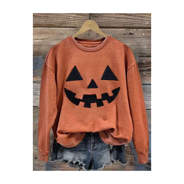 Women Halloween Pumpkin Print Crew Neck Casual Spring/Fall Long Sleeve Sweatshirt