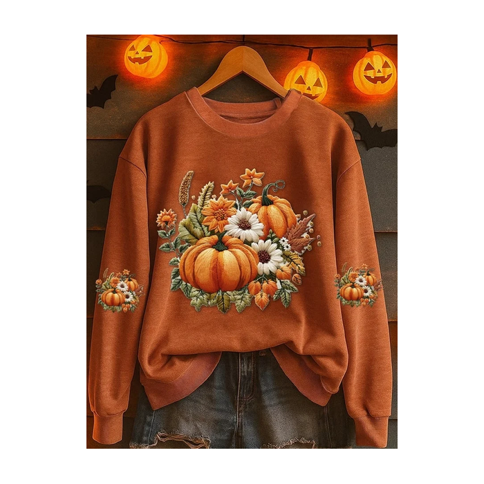 Women Halloween Pumpkin Floral Crew Neck Printing Casual Spring/Fall Long Sleeve Sweatshirt
