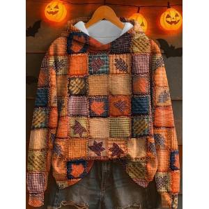 Women Halloween Maple Leaf Print Spring/Fall Long Sleeve Casual Festival Hoodie