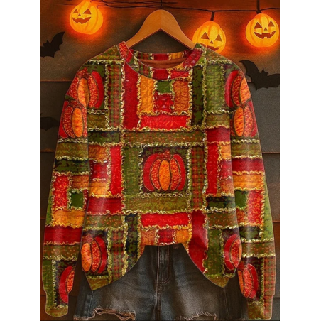Women Halloween Pumpkin Crew Neck Printing Casual Spring/Fall Long Sleeve Sweatshirt