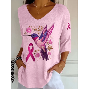 Women Pink Ribbon Floral Three Quarter Sleeve Tee T-shirt V Neck Printing Casual Spring/Fall Graphic Tee Top