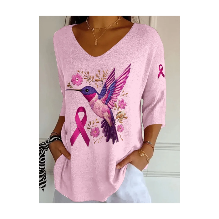 Women Pink Ribbon Floral Three Quarter Sleeve Tee T-shirt V Neck Printing Casual Spring/Fall Graphic Tee Top
