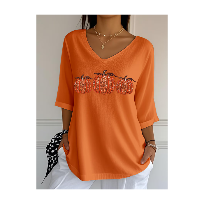 Women Halloween Pumpkin Three Quarter Sleeve Tee T-shirt V Neck Printing Casual Spring/Fall Graphic Tee Top