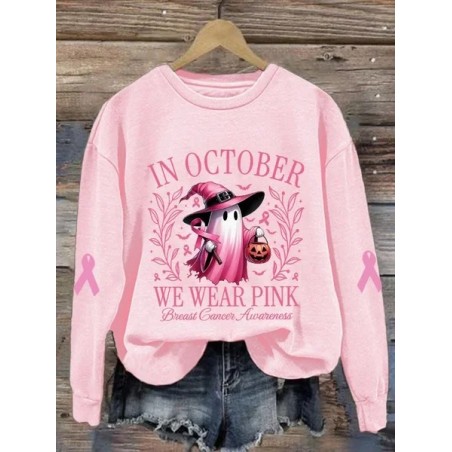 Women Halloween Spooky Text Letter We Are Pink Ribbon Print Crew Neck Spring/Fall Long Sleeve Sweatshirt