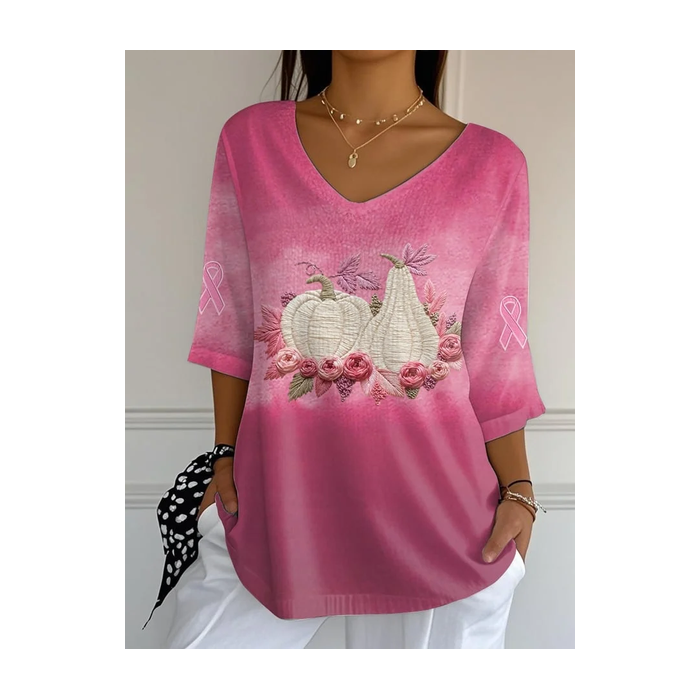 Women Halloween Pumpkin Pink Floral Three Quarter Sleeve Tee T-shirt V Neck Printing Festival Spring/Fall Graphic Tee Top