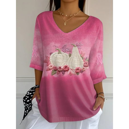 Women Halloween Pumpkin Pink Floral Three Quarter Sleeve Tee T-shirt V Neck Printing Festival Spring/Fall Graphic Tee Top