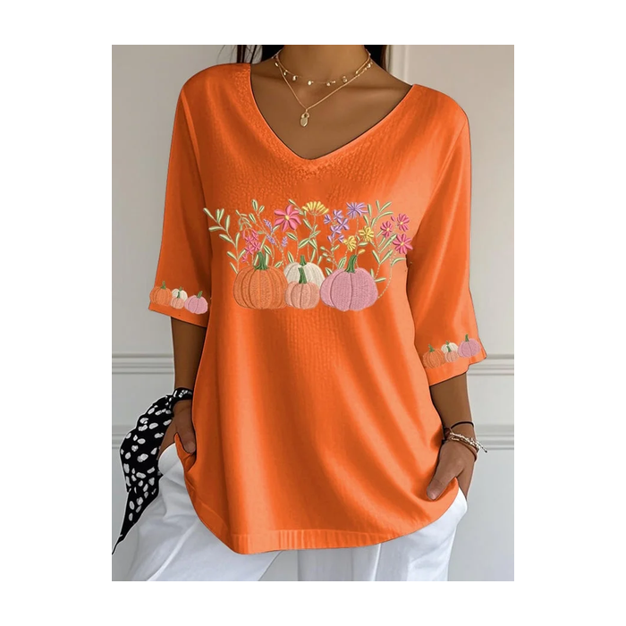 Women Halloween Pumpkin Orange Floral Three Quarter Sleeve Tee T-shirt V Neck Printing Festival Spring/Fall Graphic Tee Top