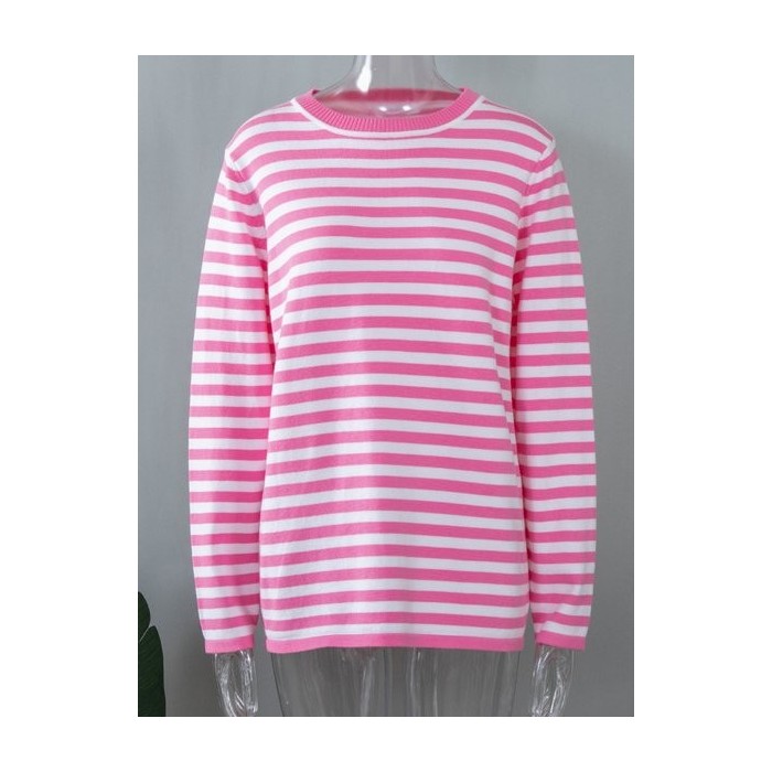 Women Striped Split Joint Spring/Fall Street Long Sleeve Crew Neck Sweater