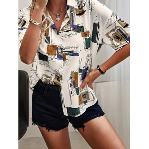 Women Abstract Short Sleeve Shirt Summer Printing Shirt Collar Daily Casual Top