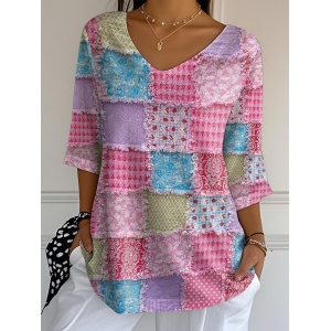 Women Floral Three Quarter Sleeve Tee T-shirt V Neck Printing Casual Spring/Fall Graphic Tee Top