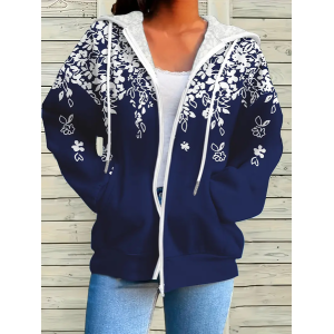 Women Spring/Fall Outerwear Casual Printing Floral Long Sleeve Hoodie Jacket