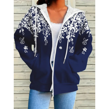 Women Spring/Fall Outerwear Casual Printing Floral Long Sleeve Hoodie Jacket