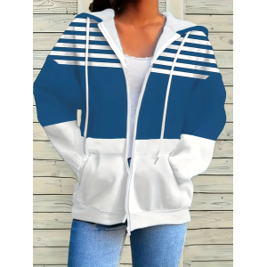 Women Spring/Fall Outerwear Casual Printing Striped Long Sleeve Hoodie Jacket